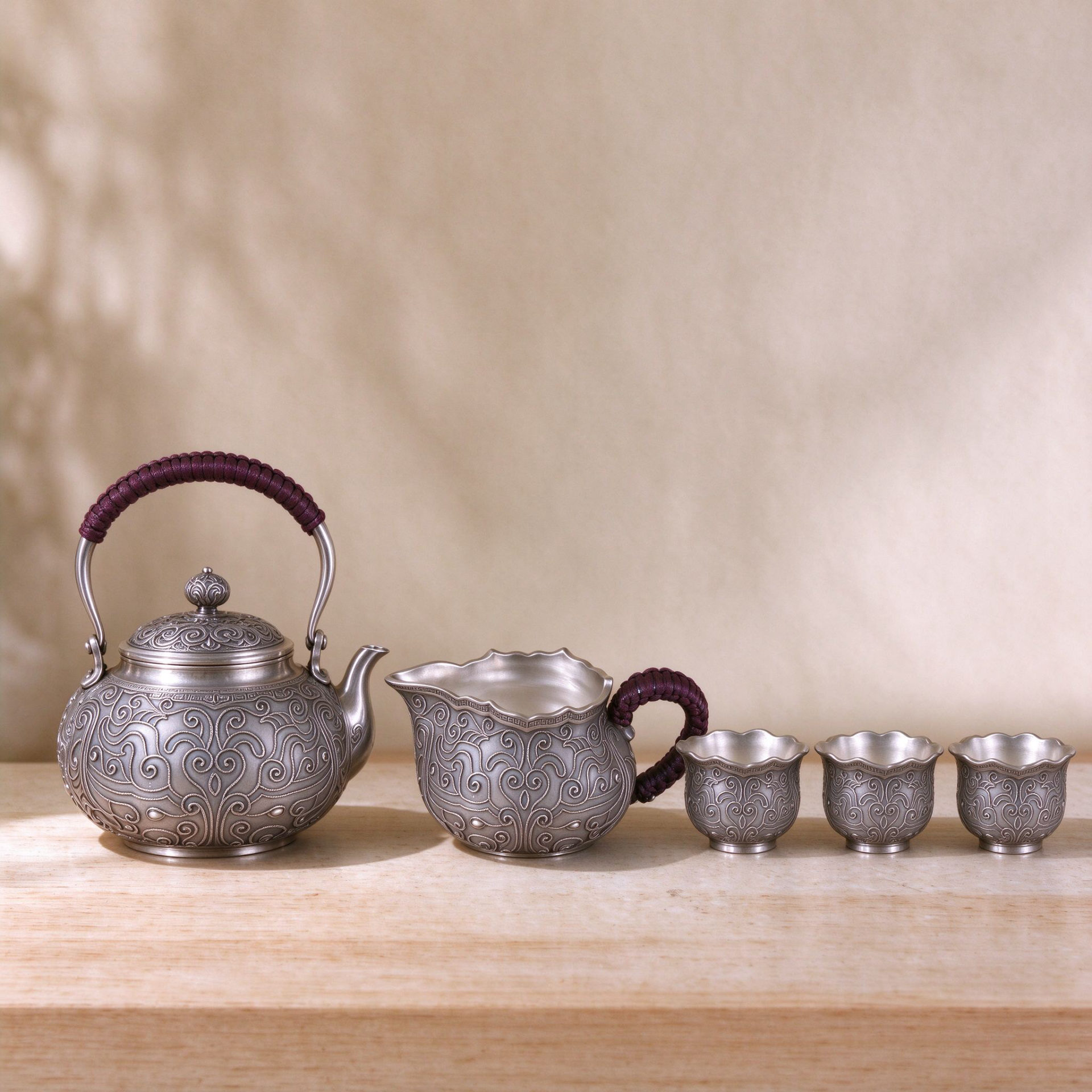 「卷草银韵」花丝手作银壶茶具套组