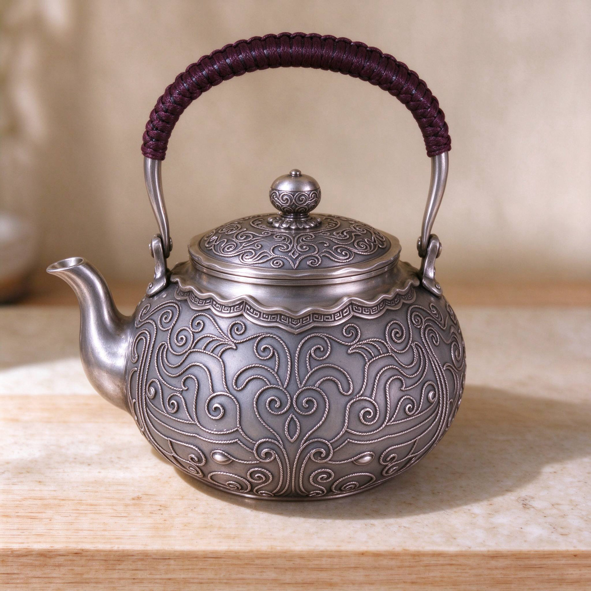 「卷草银韵」花丝手作银壶茶具套组